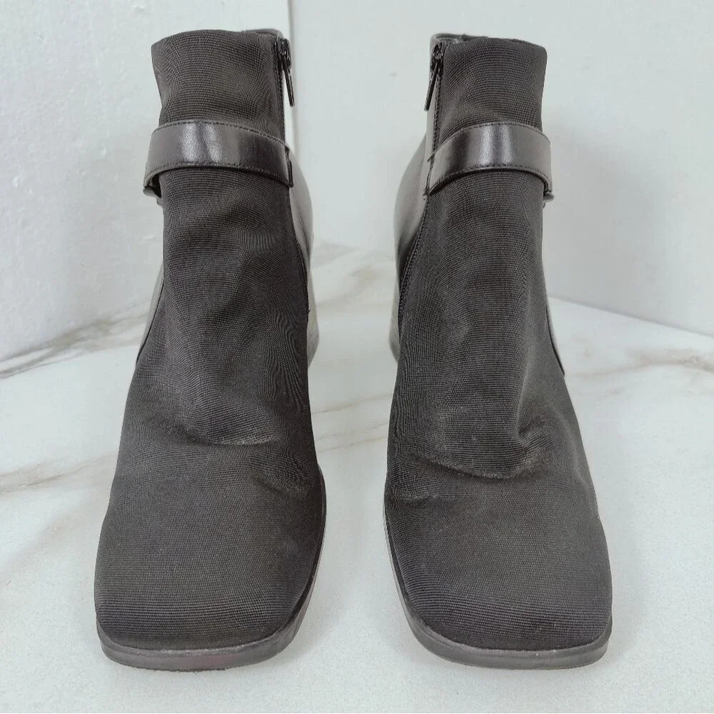St. John's Bay Bailey Black Leather Fabric Chunky Heel Ankle Boots, Sz 11